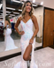 Sexy Charming White Sequin Spaghetti Straps V-Neck Sleeveless Side Slit Mermaid Long Prom Dresses With Feather,SFPD0533