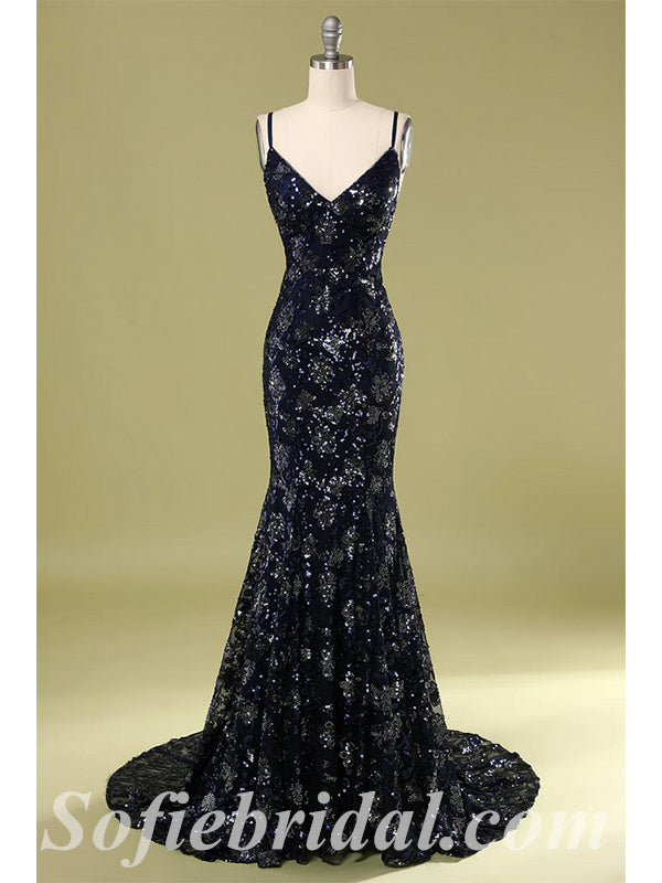 Sexy Special Fabric Spaghetti Straps V-Neck Criss-Cross Lace Up Back Mermaid Long Prom Dresses,SFPD0417