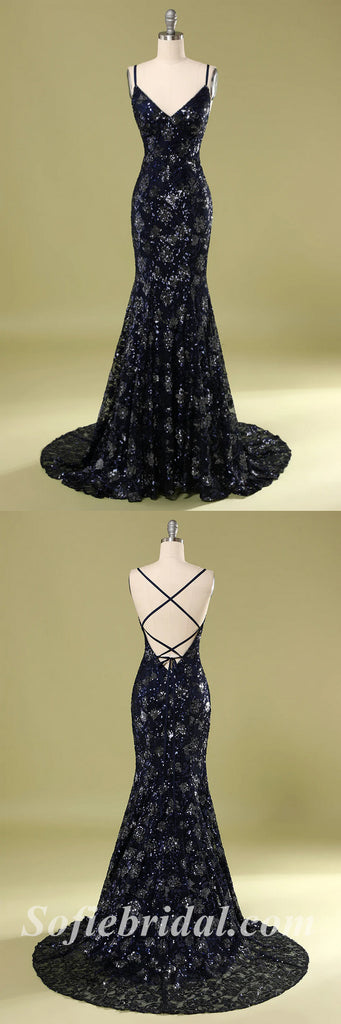 Sexy Special Fabric Spaghetti Straps V-Neck Criss-Cross Lace Up Back Mermaid Long Prom Dresses,SFPD0417