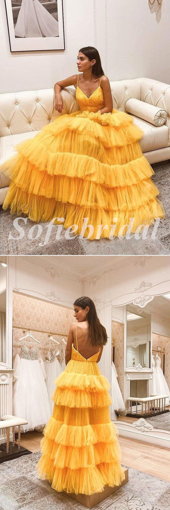 Sexy Tulle Spaghetti Straps V-Neck Sleeveless A-Line Long Prom Dresses, PD0819