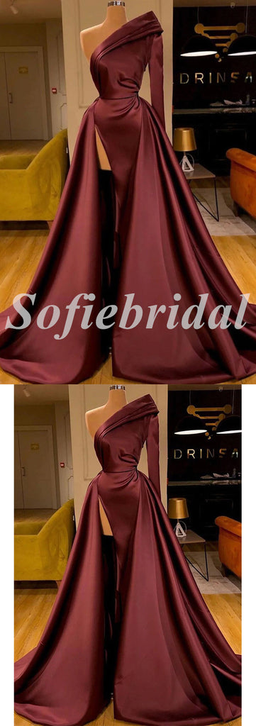 Sexy One Shoulder Long Sleeve Side Slit Mermaid Long Prom Dresses With Trailing,SFPD0704