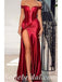 Sexy Rust Satin Off Shoulder V-Neck Sleeveless Side Slit Sheath Long Prom Dresses ,SFPD0502