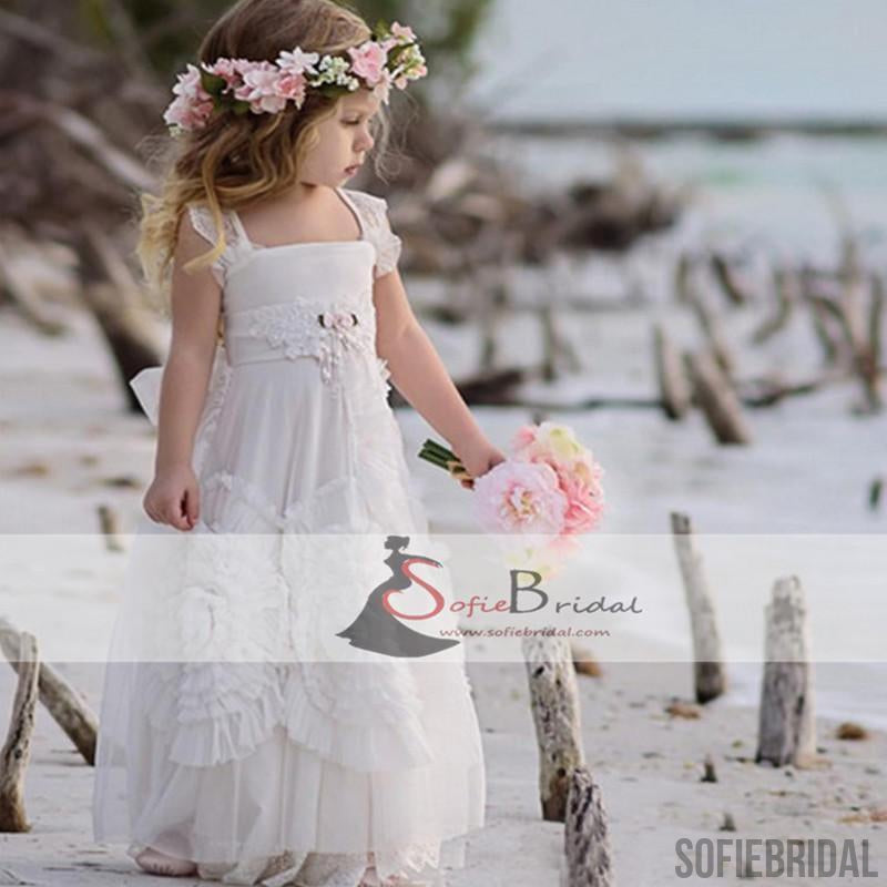 White Tulle Lace Strap Lovely Floral Flower Girl Dresses, Popular Flower Girl Dresses, FG084