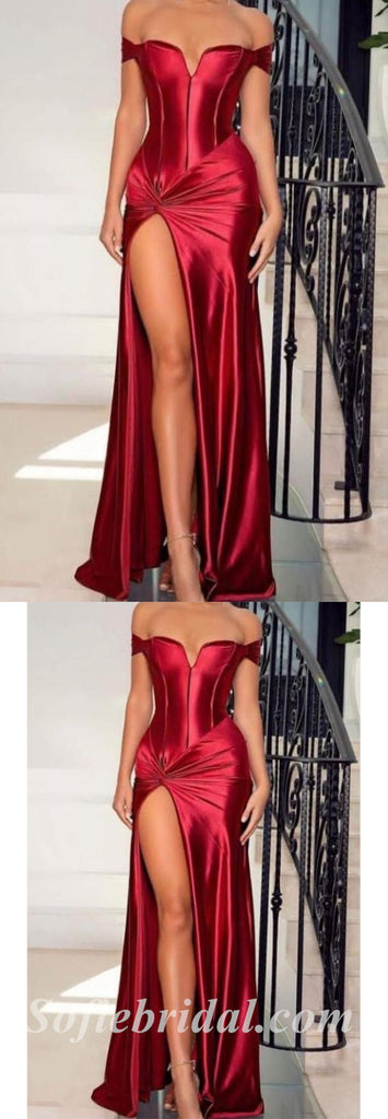 Sexy Rust Satin Off Shoulder V-Neck Sleeveless Side Slit Sheath Long Prom Dresses ,SFPD0502