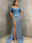 Sexy Blue Sequin Off Shoulder V-Neck Side Slit Mermaid Long Prom Dresses,SFPD0583