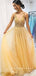 A-Line V-Neck Spaghetti Straps Yellow Tulle Long Prom Dresses With Beading,SFPD0007