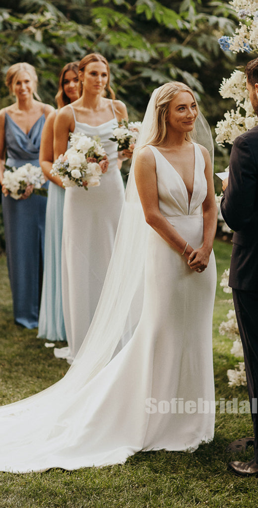 Simple V-neck Mermaid Sleeveless Long Wedding Dresses Online,SFWD0046