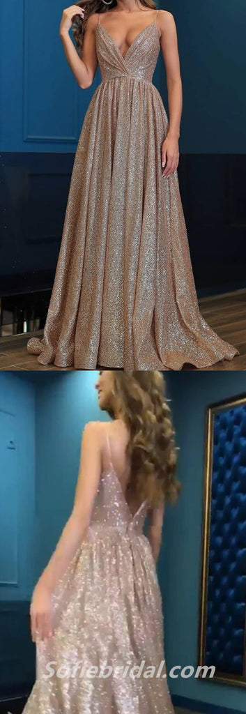 Sexy Sequin Spaghetti Straps Deep V Neck A-Line Long Prom Dresses,SFPD0284