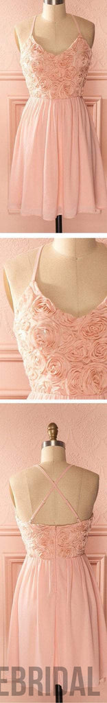 Peach spaghetti halter simple mini freshman homecoming prom bridesmaid dress,SF0011