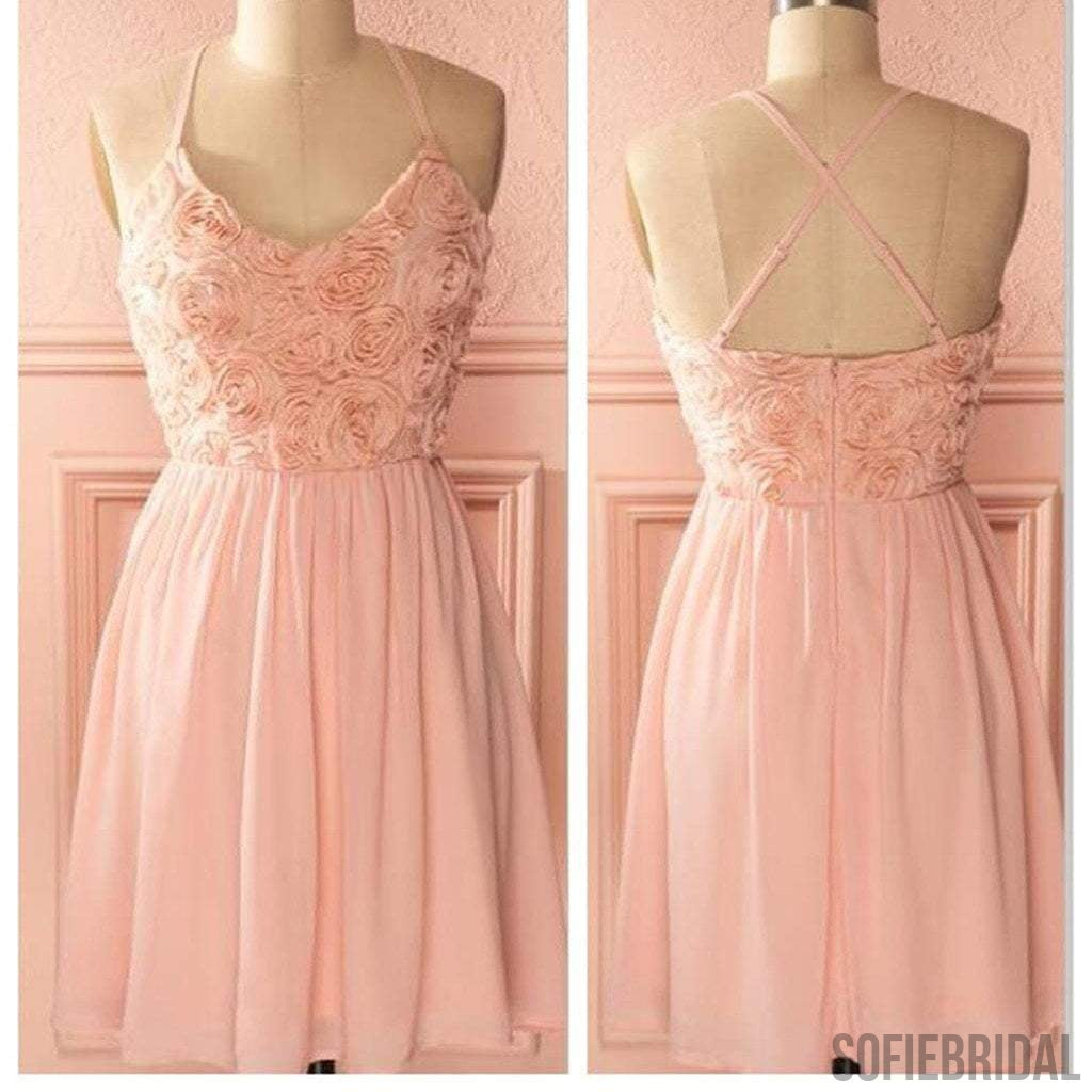 Peach spaghetti halter simple mini freshman homecoming prom bridesmaid dress,SF0011