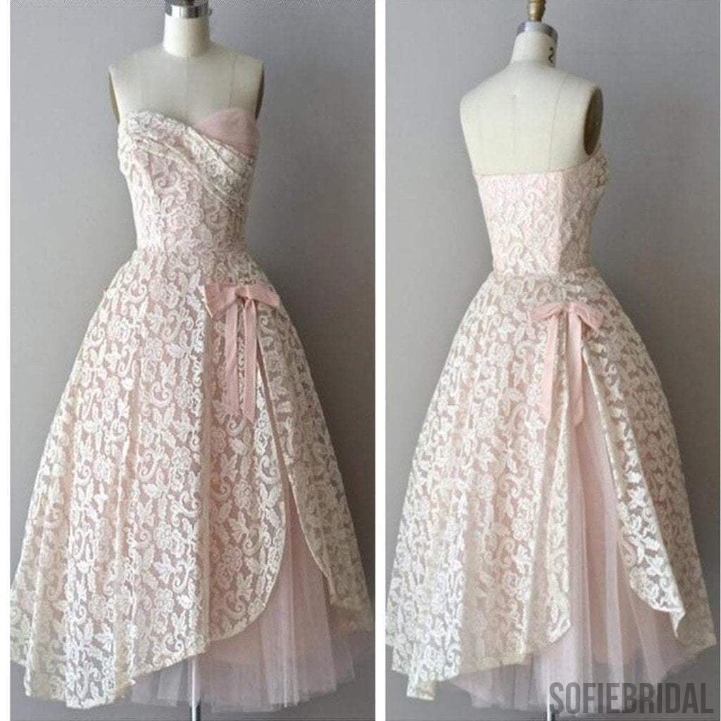 Strapless pink lace unique style vintage cheap homecoming prom gowns dress,BD0075