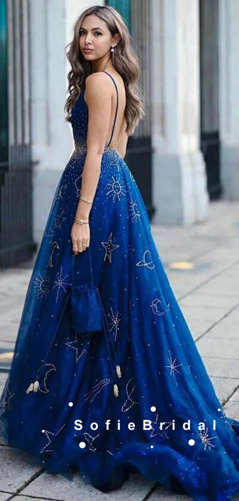 A-Line Deep V-Neck Spaghetti Straps Navy Blue Long Prom Dresses With Beading,SFPD0076