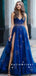 A-Line Deep V-Neck Spaghetti Straps Navy Blue Long Prom Dresses With Beading,SFPD0076