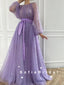 A-Line Round Neck Tulle Long Sleeves Prom Dresses With Ribbon,SFPD0078