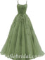 Elegant Tulle And Lace Spaghetti Straps Sleeveless A-Line Long Prom Dresses/Ball Gown With Applique,SFPD0521