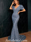 Charming Sequin V-Neck Short Sleeve Mermaid Long Prom Dresses With Bow,SFPD0275