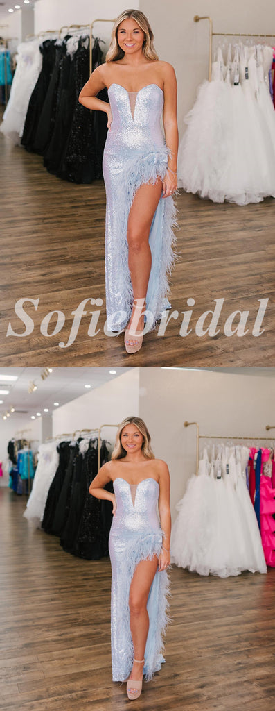 Sexy Sequin Sweetheart Sleeveless Side Slit Mermaid Long Prom Dresses With Feather,SFPD0686