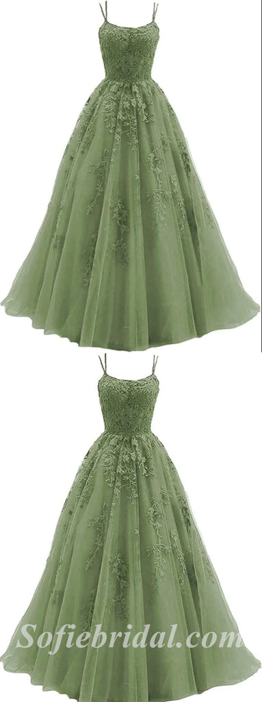 Elegant Tulle And Lace Spaghetti Straps Sleeveless A-Line Long Prom Dresses/Ball Gown With Applique,SFPD0521