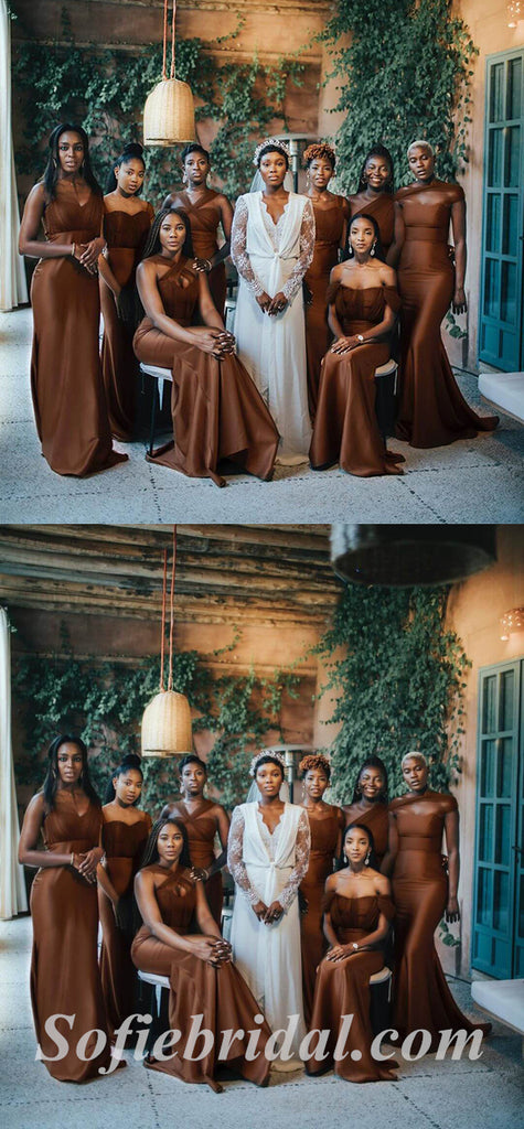 Mismatched Elegant Brown Soft Satin And Tulle Sleeveless Mermaid Floor Length Bridesmaid Dressses,SFWG00475