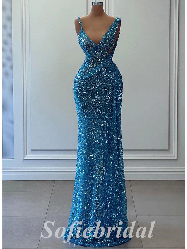 Sexy Sequin Spaghetti Straps V-Neck Mermaid Long Prom Dresses ,PD0763