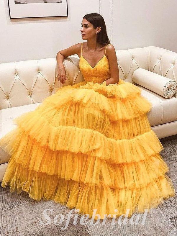 Sexy Tulle Spaghetti Straps V-Neck Sleeveless A-Line Long Prom Dresses, PD0819