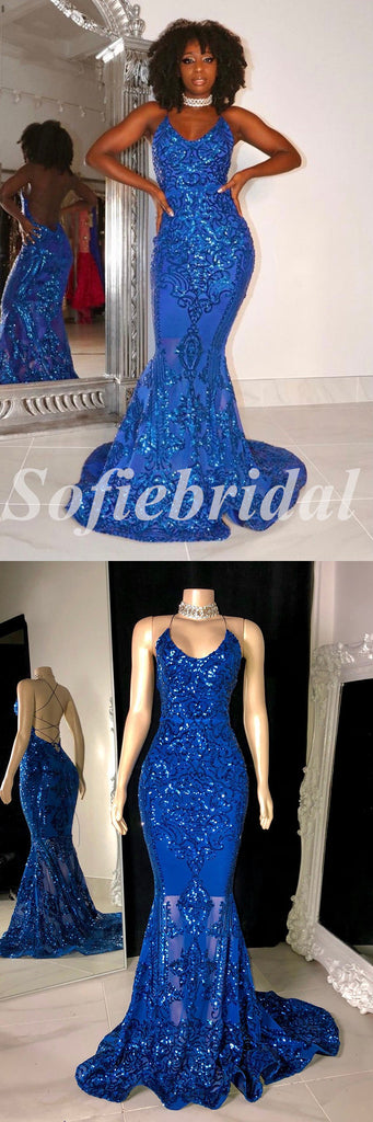 Sexy Shiny Sequin And Tulle Spaghetti Straps V-Neck Sleeveless Criss Cross Mermaid Long prom Dresses,SFPD0714