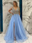 Popular V-neck A-line Tulle Side Slit Long Prom Dresses,SFPD0147
