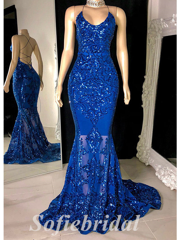 Sexy Shiny Sequin And Tulle Spaghetti Straps V-Neck Sleeveless Criss Cross Mermaid Long prom Dresses,SFPD0714