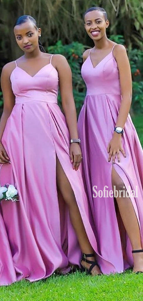 Simple Spaghetti Straps A-line Side Slit Cheap Bridesmaid Dresses,SFWG00363