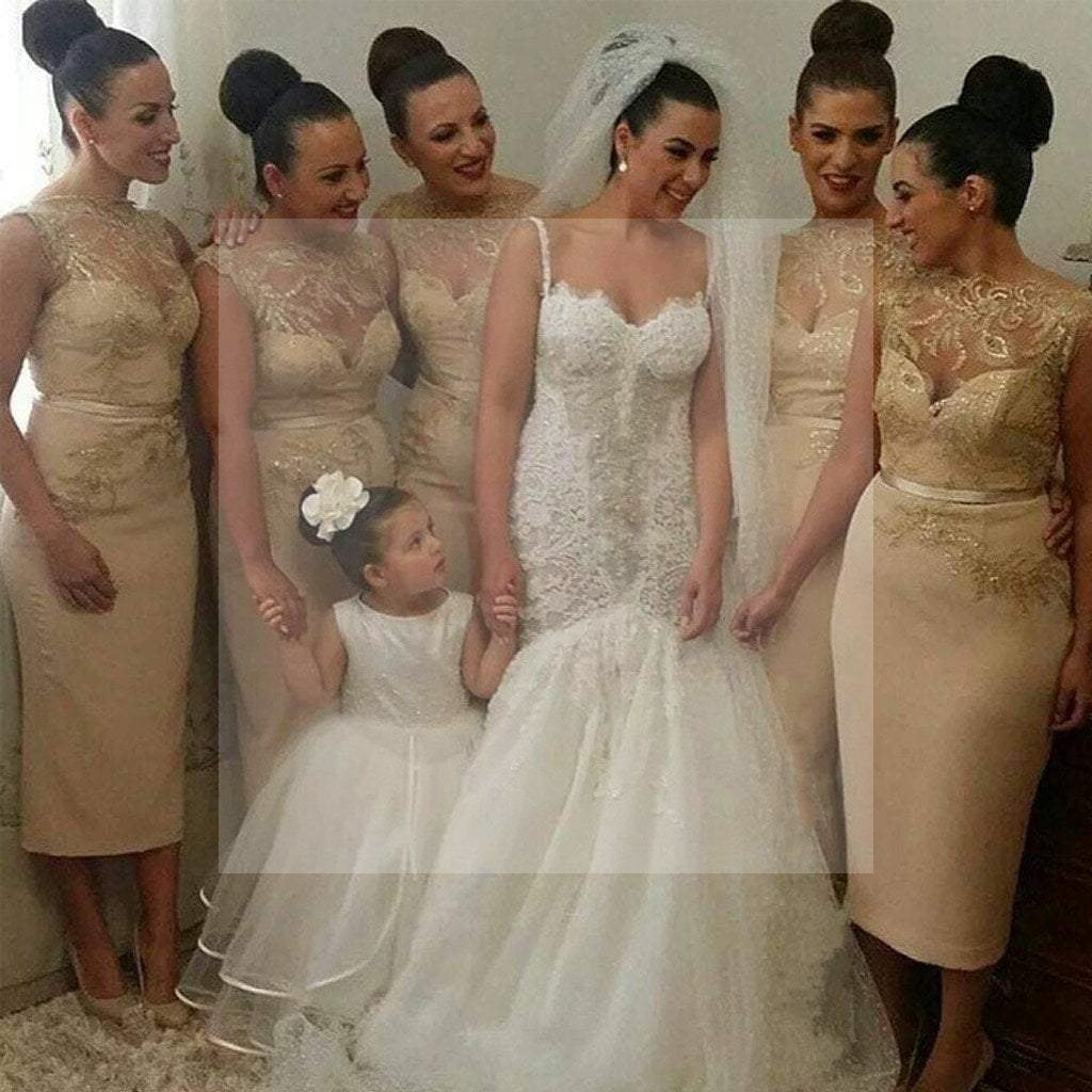 Gorgeous Unique Women Sexy Gold Sequin Lace Short Inexpensive Bridesmaid Dresses, WG83