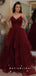 A-Line V-Neck Spaghetti Straps Burgundy Tulle Cheap Long Prom Dresses,SFPD0085