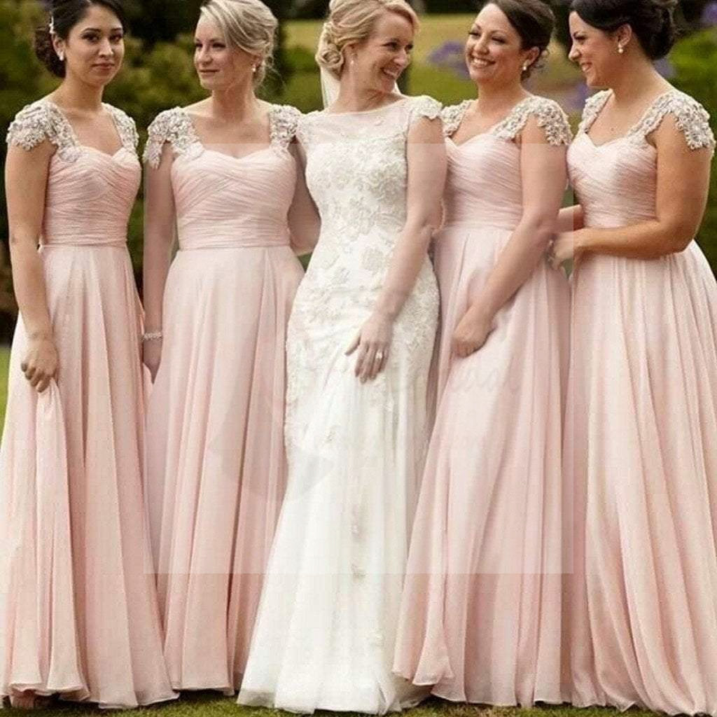Pretty Junior Cap Sleeve Blush Pink Chiffon Formal A Line Floor-Length Cheap Bridesmaid Dresses, WG85