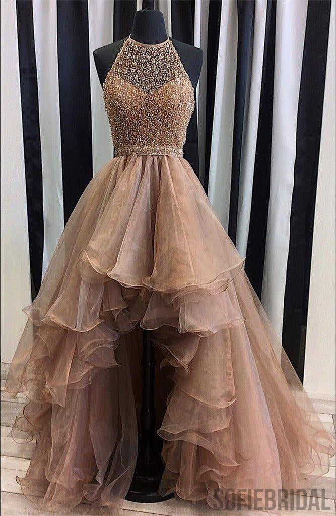 Halter Top Illusion Rhinestone Beaded Hi-low Tulle Prom Dresses, Most Popular Long Prom Dresses, PD0316