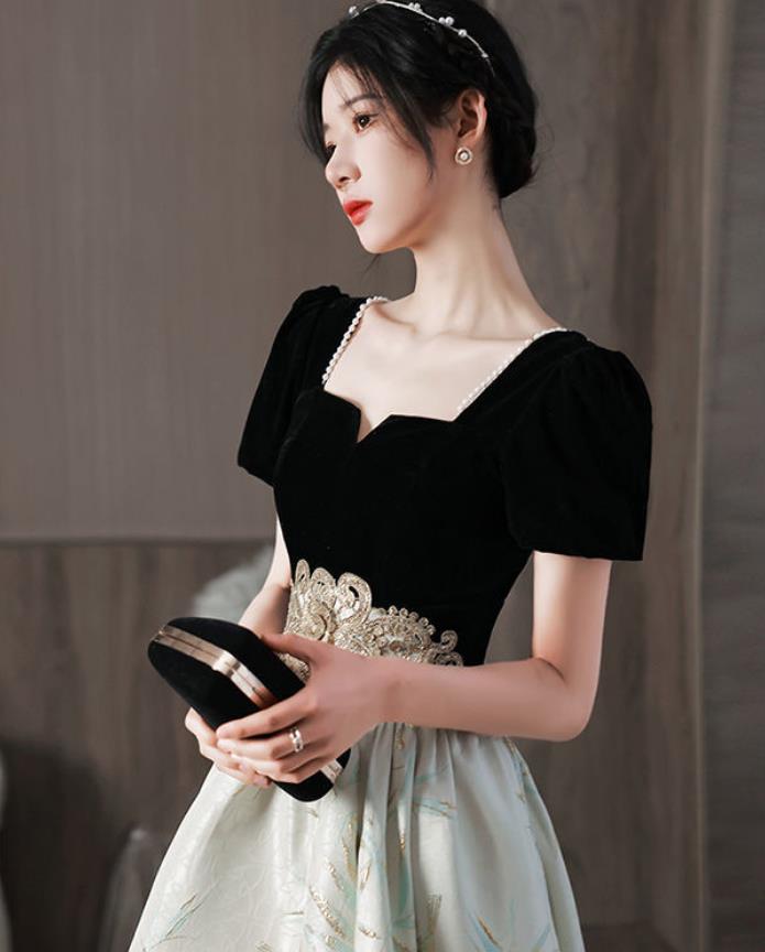 Elegant Velvet Short Sleeve Square Neck Embroidered Applique A-Line Prom Dress,SFPD0186
