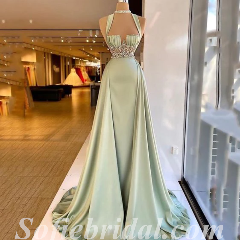 Gorgeous Satin Spaghetti Sptraps Sleeveless Mermiad Long Prom Dresses With Rhinestone And Beading,SFPD0509
