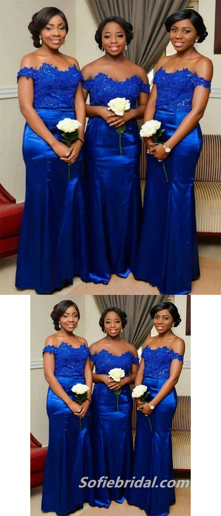 Royal Blue Soft Satin Off Shoulder Mermaid Floor Length Bridesmaid Dressses With Applique, SFWG00447