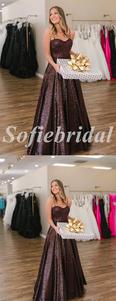 Shiny Sequin Spaghetti Straps Sleeveless A-Line Long Prom Dresses,SFPD0693