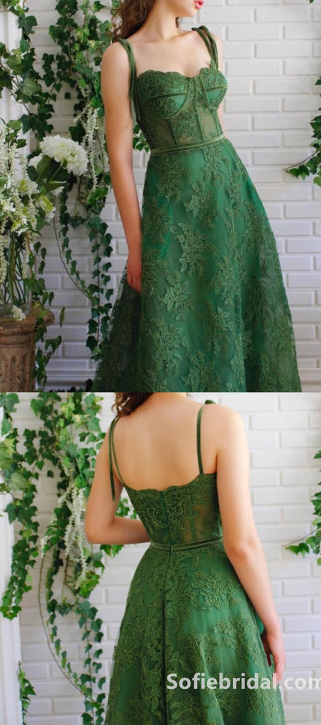 Elegant And Cute Green Lace Spaghetti Straps Square Neck A-Line Long Prom Dress,SFPD0205