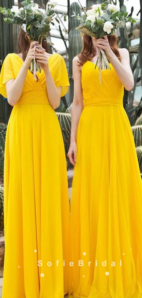 Newest A-Line Mismatched Yellow Chiffon Simple Bridesmaid Dresses,SFWG0009