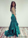 V-neck Emerald Green Satin Mermaid Beaded Prom Dresses, PD0917