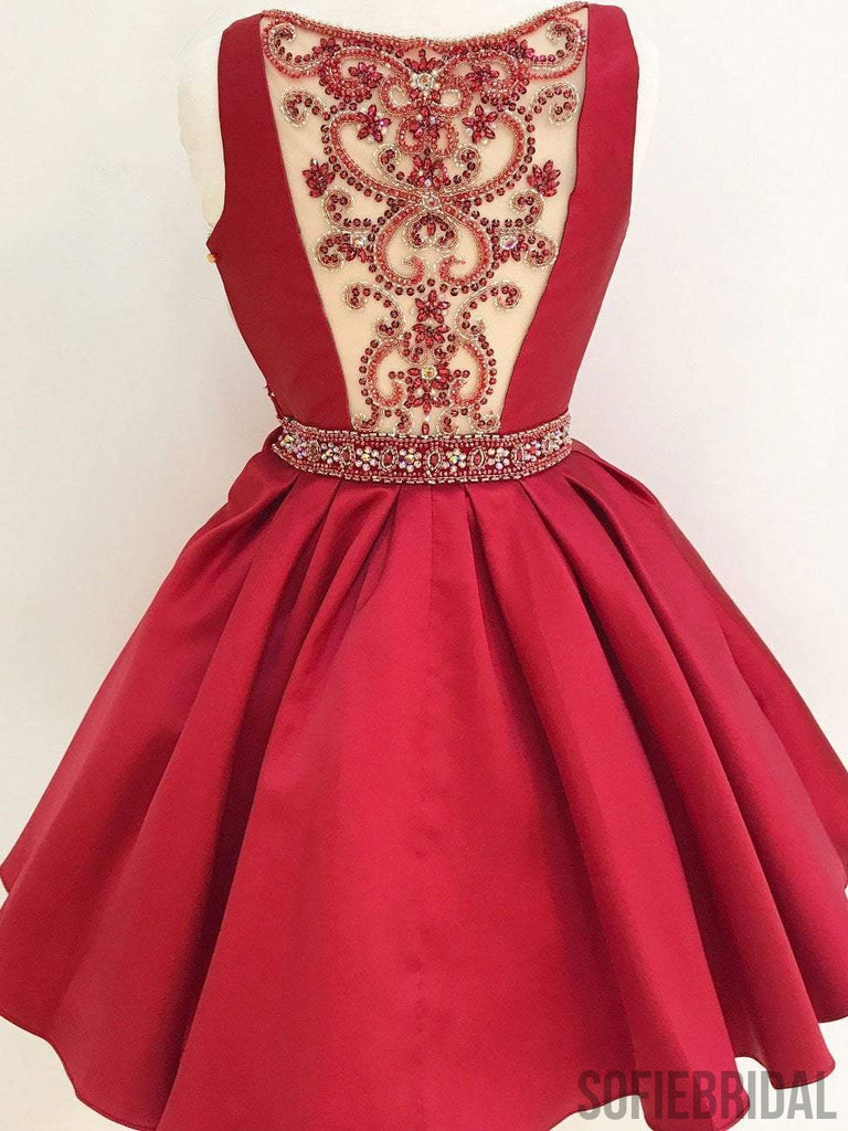V Neck Red See Through Beading Custom Cheap Homecoming Dresses 2018, CM427