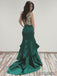 V-neck Emerald Green Satin Mermaid Beaded Prom Dresses, PD0917