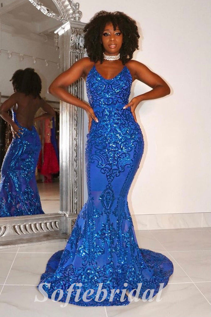 Sexy Shiny Sequin And Tulle Spaghetti Straps V-Neck Sleeveless Criss Cross Mermaid Long prom Dresses,SFPD0714