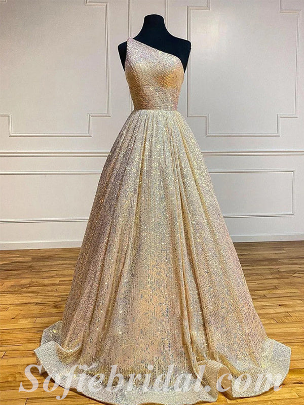 Sexy Sequin One Shoulder Sleeveless A-Line Long Prom Dresses,SFPD0512