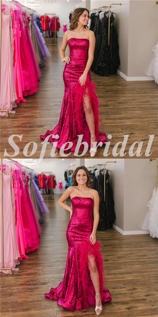 Sexy Sequin Sweetheart Sleeveless Side Slit Mermaid Long Prom Dresses With Feather,SFPD0688