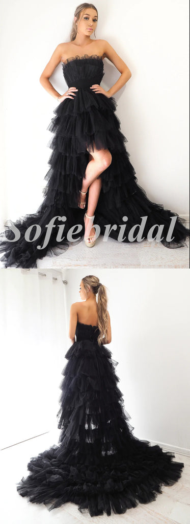 Sexy Black Tulle Sweetheart Sleeveless High Low A-Line Long Prom Dresses,SFPD0588