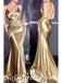 Sexy Gold Elestic Satin V-Neck Criss Cross Mermaid Long Prom Dresses,SFPD0337