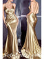 Sexy Gold Elestic Satin V-Neck Criss Cross Mermaid Long Prom Dresses,SFPD0337