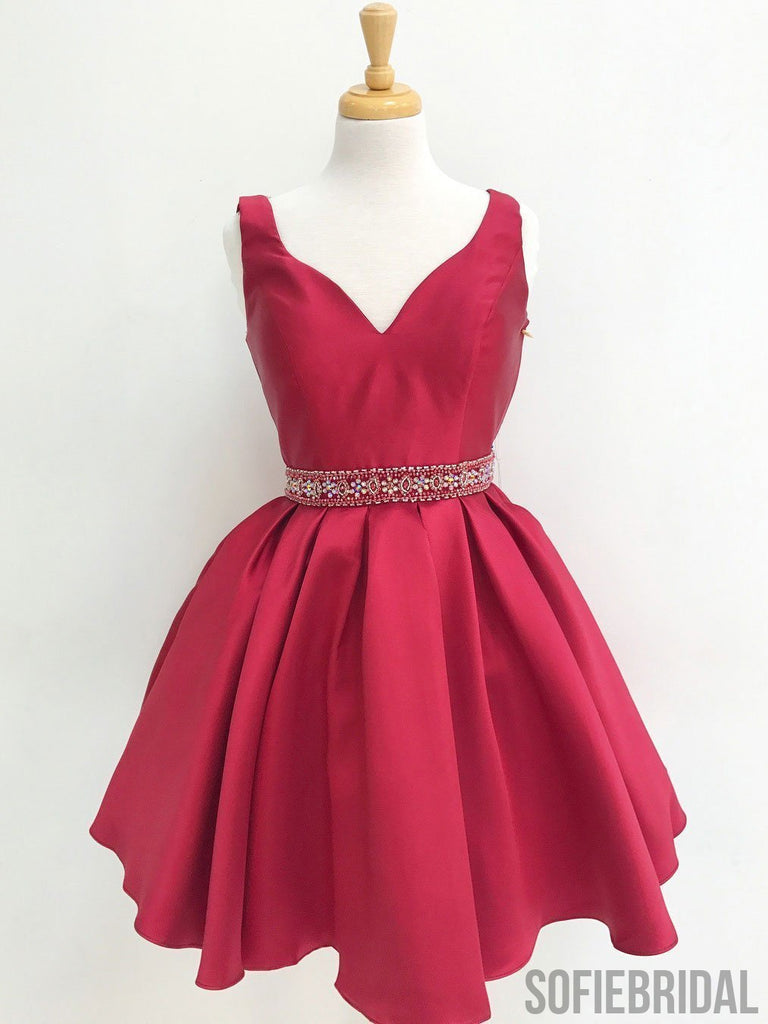 V Neck Red See Through Beading Custom Cheap Homecoming Dresses 2018, CM427