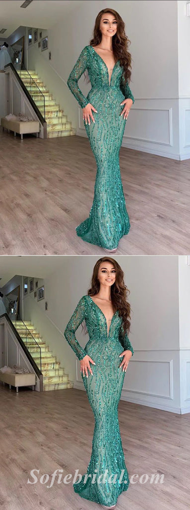 Sexy Special Fabric Long Sleeves Deep V-Neck Sheath Long Prom Dresses,SFPD0468